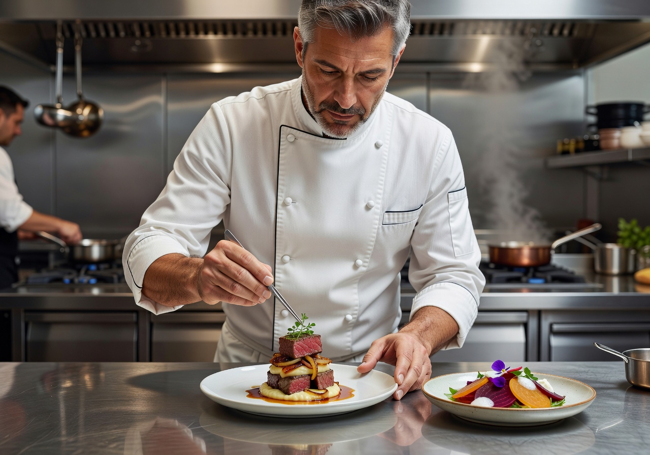 Chef preparing gourmet meal with precision