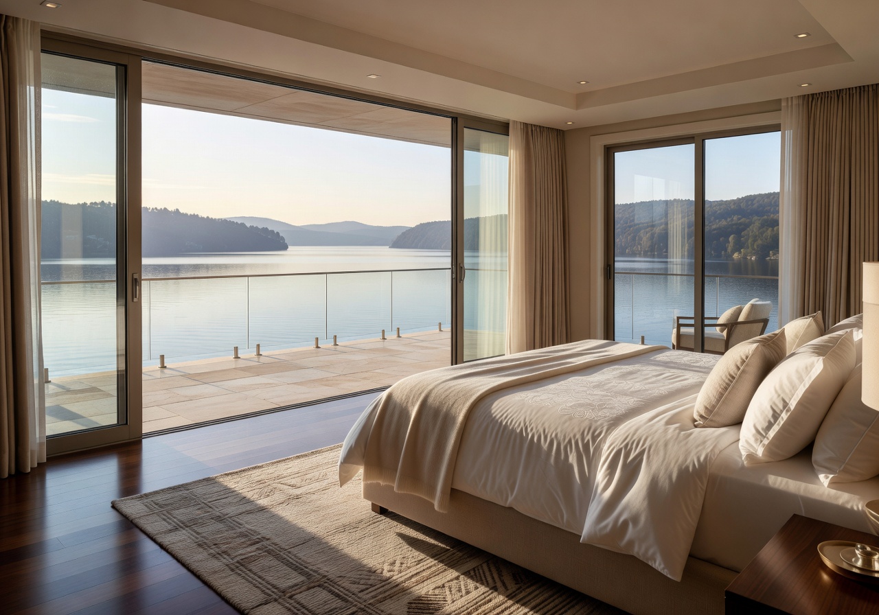 Master Suite interior with expansive balcony and lake view